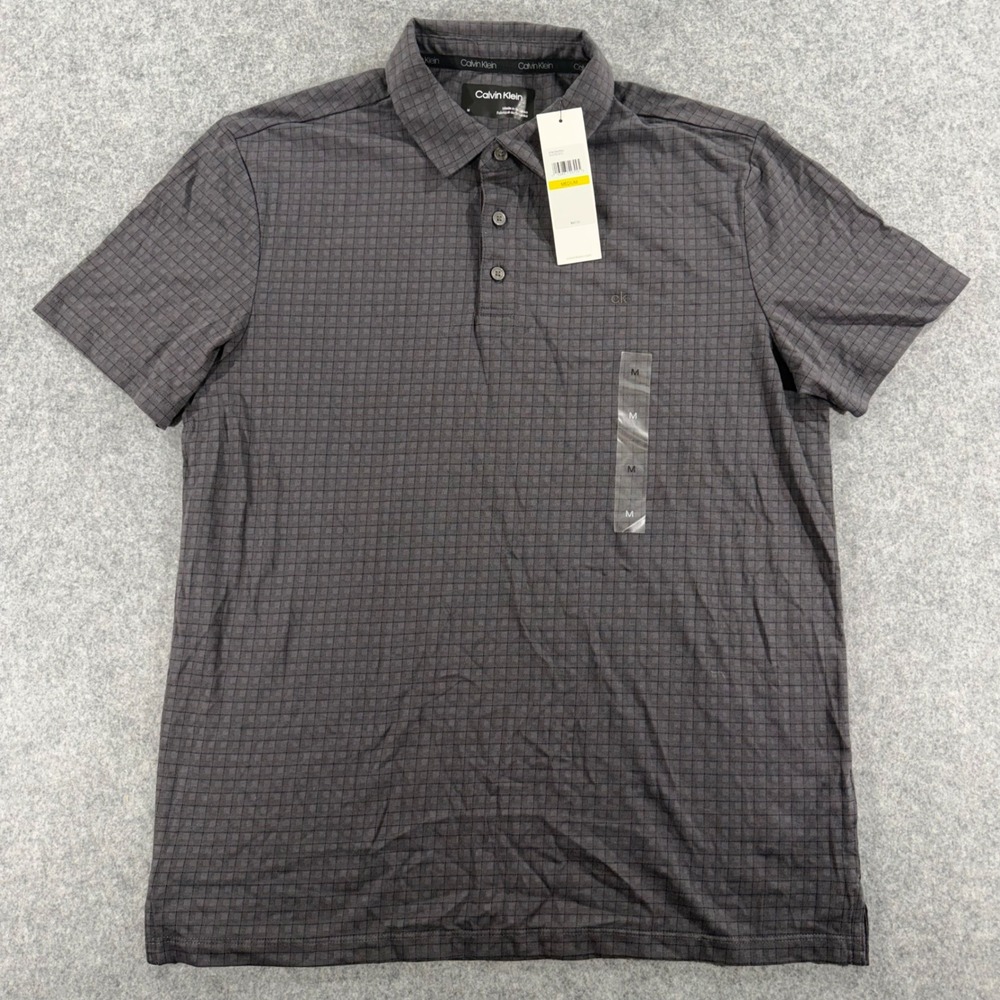 Calvin Klein Mens Gray Grid Polo Shirt Short Sleeve 40CP215021 Size Medium NWT